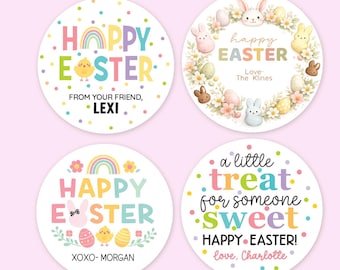 May include: Four round Easter stickers with colorful designs. One says "Happy Easter" with a rainbow, chick, and the name "Lexi." Another says "Happy Easter" with bunnies and eggs. The third says "Happy Easter" with a bunny, eggs, and the name "Morgan." The last says "A little treat for someone sweet."