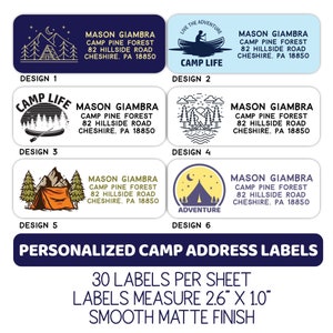 Aangepaste adreslabels voor kamp, gepersonaliseerde kamplevenstickers, meerleven, kajakken, camperjongennaamlabels voor kampbrieven, briefpapier