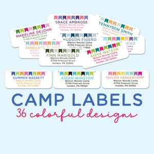 Etiquetas para campamentos, pegatinas personalizadas con direcciones de devolución para campamentos de verano, bonitos diseños para sobres, material de papelería para campamentos para niños