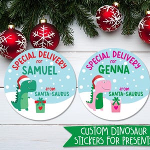 Pegatinas de regalo de Navidad con dinosaurios / Etiquetas personalizadas para regalos de niños / Etiquetas de regalo de dinosaurios extravagantes para niños y niñas / Etiquetas para fiestas
