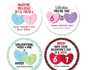 67 Valentine Stickers, Personalized Viral Craze Valentine Day Stickers, 12 Custom Treat Bag Favor Tags for School Valentine Exchanges