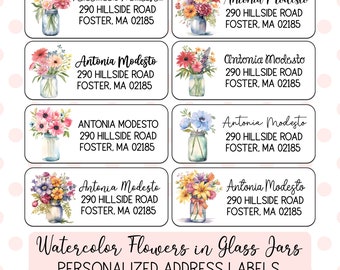 Adresstickers met bloemen | Aangepaste aquarelbloemen in Mason Jars | Gepersonaliseerde retourmailingstickers in bloemmotief | Lente zomer