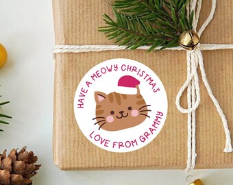 Christmas Cat Holiday Labels, Personalized Christmas Stickers, Holiday Gift Tags, To From Sticker, Meowy Christmas