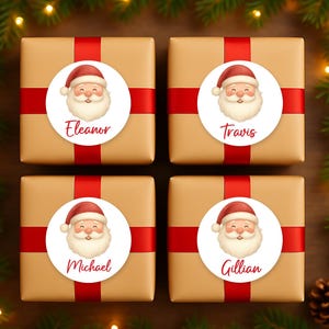 Stickers cadeaux personnalisés du père Noël pour Noël - Étiquettes nominatives des Fêtes pour les cadeaux, les enfants et les familles - Étiquettes rondes festives