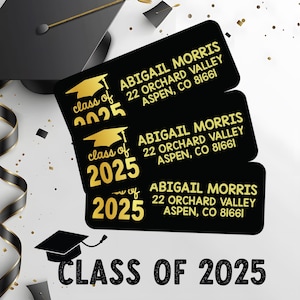 Address Labels Class of 2025 Graduation | 60 Matte Labels with Gold and Black | Personalized Grad Party Invite Return Stickers for Graduates