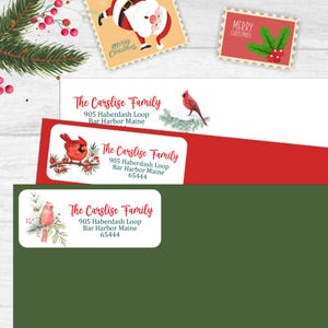 60 kardinale adresetiketten gepersonaliseerd met naam voor kerstkaarten en feestuitnodigingen | Kardinaal retouretiketten | Kardinaal in de sneeuw