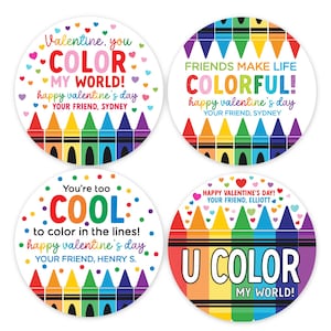Valentinstag Aufkleber für Kinder, personalisierte Kreide, Kunst, Farbe meiner Welt, buntes Thema Regenbogen-Herzetiketten für Schulsüßigkeitsbörse