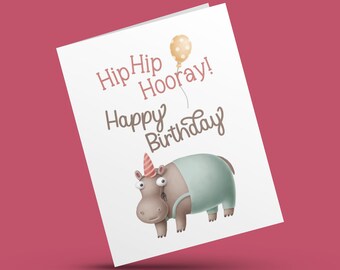 Birthday Greeting Card, Birthday Card, Cute Card, Funny Card, Punny Card, Hip Hip Hooray, Hippo Pun Card