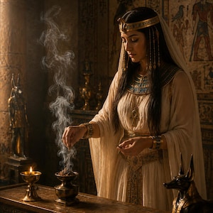 May include: A woman in an ancient Egyptian-style dress and headdress, adorned with gold jewelry, is seen performing a ritual. Incense smoke rises from a bronze vessel on a wooden table. The scene is set in a room with hieroglyphic wall art and statues.