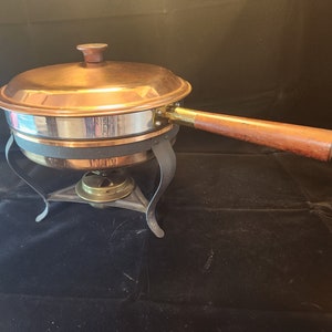 Vintage Copper Chafing Skillet Buffet Set with Food Warmer, Water pan, Support Stand and Fuel unit