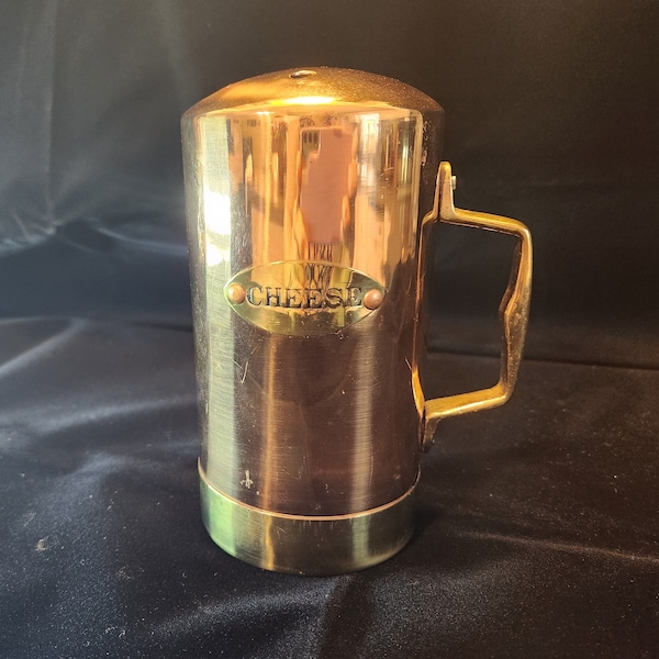 Vintage Copper Grated Cheese Shaker with Brass Handle, Base, and Label