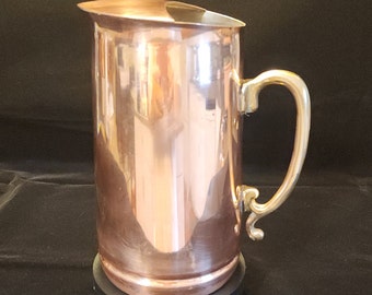 Vintage Solid Copper 2 qt Beverage Pitcher lined with Nickel with Brass handle