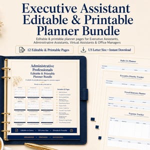 Könnte beinhalten: Ein bearbeitbares und druckbares Planer-Set für Assistenten mit 12 Seiten im US-Letter-Format. Der dunkelblaue Ordner enthält einen Tagesplaner, eine Prioritätenliste, einen Reiseplaner und eine Ausgabenübersicht für administrative Aufgaben.