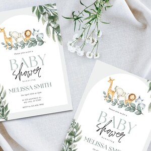 Modèle modifiable d'invitation de baby shower, neutre | Thème safari animalier | Toile de carton d'invitation non sexiste pour bébé | Téléchargement instantané