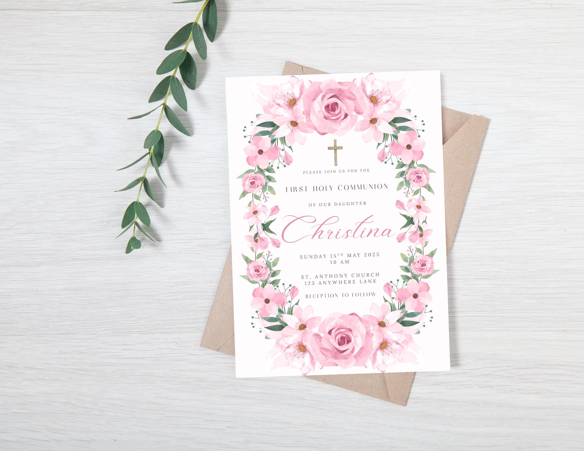 Floral Communion Invitation: Pink Girl Design, Editable Canva Template ...