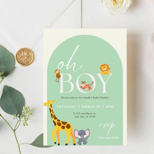 Modèle modifiable d'invitation de baby shower, neutre | Thème safari animalier | Toile de carton d'invitation non sexiste pour bébé | Téléchargement instantané