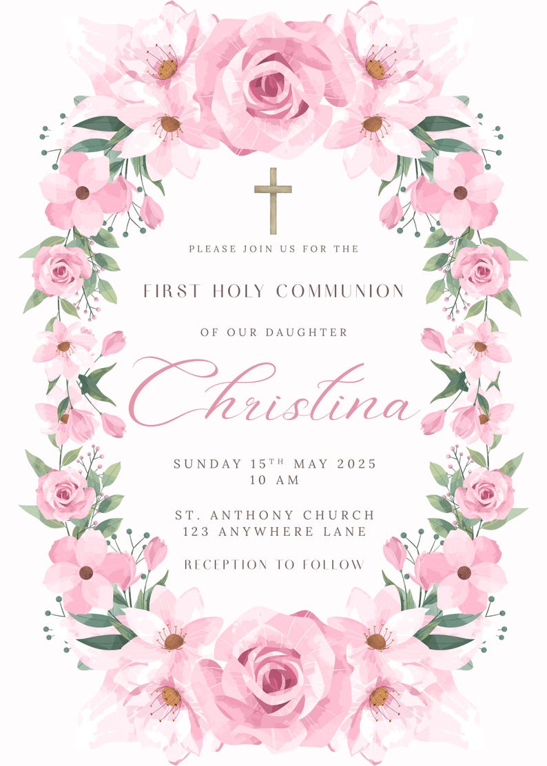 Floral Communion Invitation: Pink Girl Design, Editable Canva Template ...