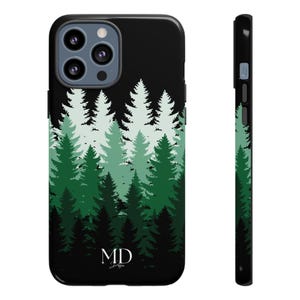 Custodia per telefono, pini verdi, custodia protettiva nera resistente, design foresta, regalo per amanti della natura, regalo di Natale, accessorio per telefono
