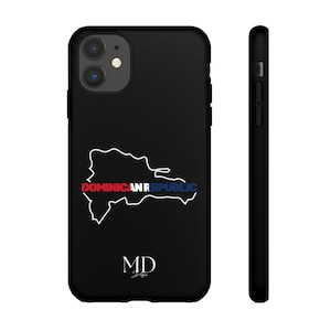 May include: Black phone case with a white outline of the Dominican Republic and the text "DOMINICAN REPUBLIC" in red, white, and blue. The case also has the initials "MD" in white.