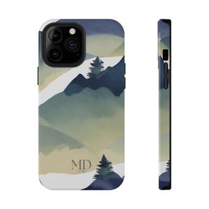 Custodia per telefono, design con montagne e pini acquerellati, protezione antiurto, cover protettiva, regalo per amanti della natura, accessorio tecnologico