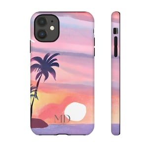 Phone Case, Sunset Ocean Watercolor Design, Tough Protective Cover, Beach Palm Tree, Tropical Accessories, Gifts for Nature Lovers