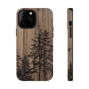 Custodia per telefono in legno, custodia antiurto con alberi di pino nero, custodia protettiva, accessori per telefono, regalo per amanti della natura, accessorio tecnologico