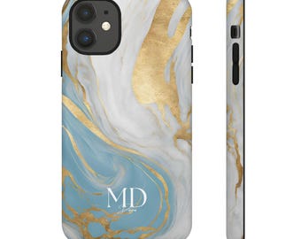 Phone Case, Blue White and Gold Marble Tough Case for iPhone, Protective Cover, Trendy Accessories, Stylish Tech Accessory, Marble Print