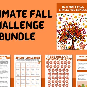Könnte beinhalten: Ein druckbares Bündel von Herbst-Challenge-Trackern. Das Bündel enthält eine 5-tägige Herbst-Entdeckungs-Challenge, eine 30-Tage-Challenge, eine 500-Euro-Spar-Challenge und einen gesunden Challenge-Tracker. Das Bild zeigt einen Cartoon-Baum mit Herbstblättern und Eichhörnchen.