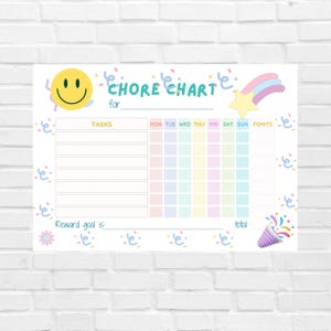 Op de afbeelding: Een kleurrijk printbaar takenoverzicht met een smiley, een ster en confetti. De tabel heeft ruimte voor taken, dagen van de week, punten en een sectie voor het totaal aantal punten. Het bevat ook een ruimte voor een beloningsdoel.