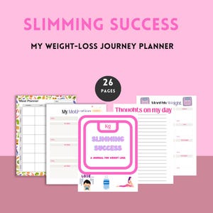 Könnte beinhalten: Ein rosa-violettes Gewichtsabnahme-Tagebuch mit dem Titel "Slimming Success: A Journal for Weight Loss". Das Tagebuch enthält Seiten für die Menüplanung, Motivation, Gedanken des Tages und die monatliche Gewichtsverfolgung. Das Tagebuch hat 26 Seiten.