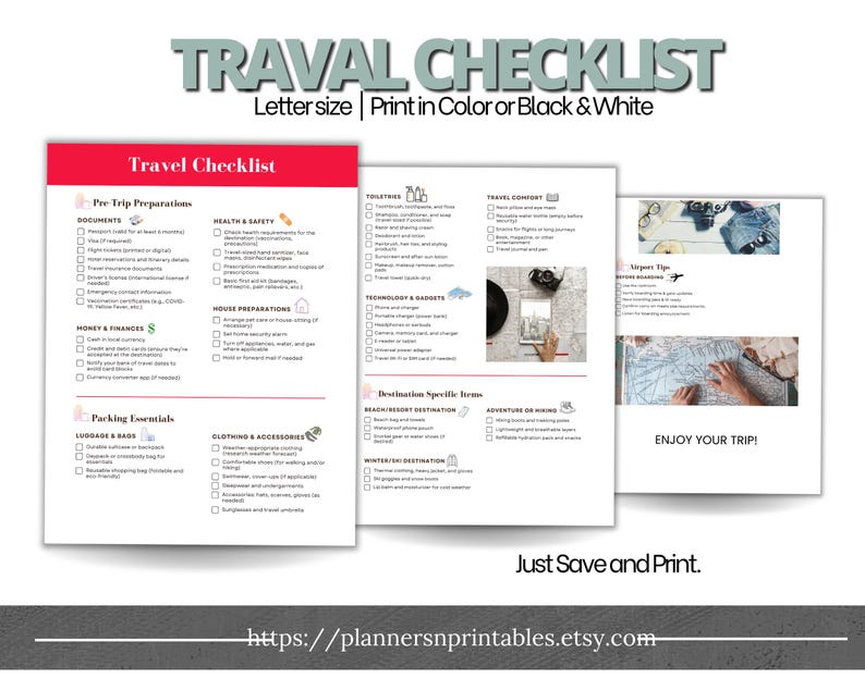 Printable Travel Checklist, Trip Planning Essentials, Packing List for ...