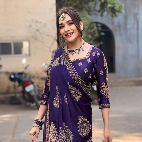 Celebrity Madhuri Dixit Inspired Purple Saree Modern Indian Attire- Bollywood Embroidered Party Wear Saree with Handmade stone works