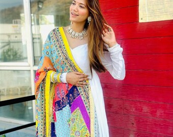 White Gown withe multi colour dupatta