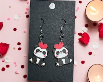 Hand Painted Panda Earrings | Sterling Silver, Maple Wood, Valentine's Day