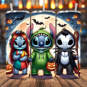 May include: Three Halloween-themed tumblers featuring cartoon characters. One tumbler depicts Sally from The Nightmare Before Christmas, another Stitch in a green hoodie, and the third Jack Skellington. Each tumbler has a straw and a spooky background with pumpkins and bats.