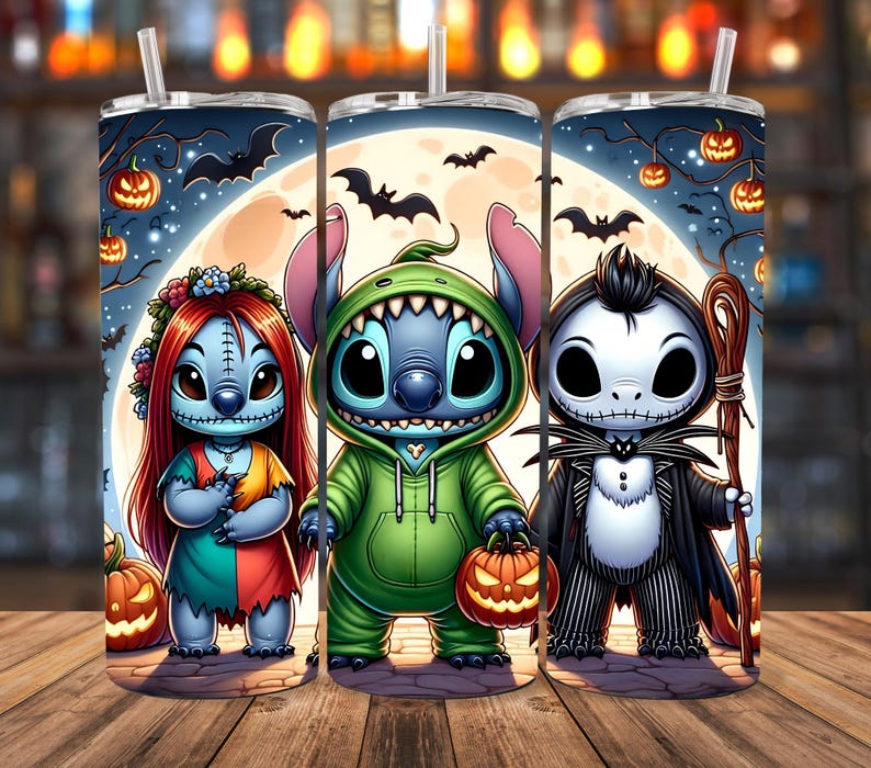 May include: Three Halloween-themed tumblers featuring cartoon characters. One tumbler depicts Sally from The Nightmare Before Christmas, another Stitch in a green hoodie, and the third Jack Skellington. Each tumbler has a straw and a spooky background with pumpkins and bats.