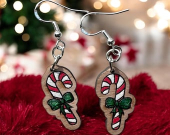 Cute Candy Cane Wooden Dangle Earrings with Sterling Silver Hypoallergenic Hooks | Handmade Christmas Earrings