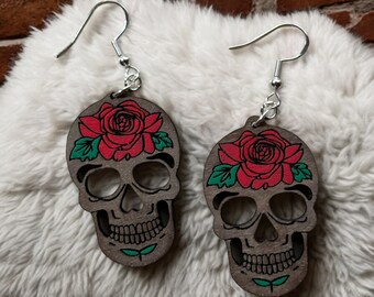 Skull and Rose Earrings | Black Walnut Wood Skull Earrings | Sterling Silver Hardware Earrings | Handmade Jewelry  | Hand Painted Earrings
