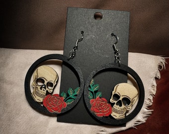 Hand-Painted Skull & Rose Hoop Earrings | Sterling Silver Hooks
