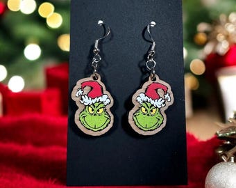 Grinch Wooden Dangle Earrings with Sterling Silver Hypoallergenic Hooks | Handmade Christmas Earrings