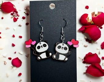 Handmade Valentine Panda Earrings | Sterling Silver, Maple Wood