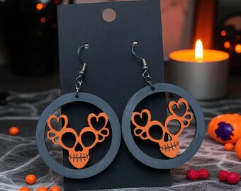 Handmade Heart Skull Hoop Earrings | Goth Wooden Jewelry