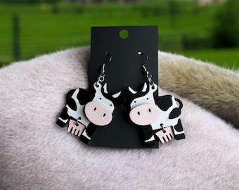 Hand-Painted Cow Earrings | Holstein Wooden Dangles, Sterling Silver