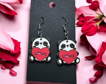 Hand-Painted Love Panda Earrings | Maple Wood & Sterling Silver