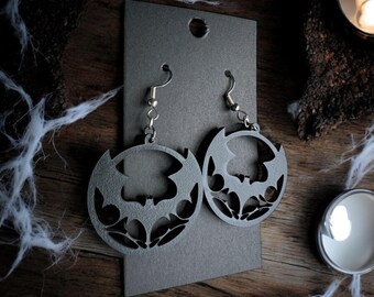 Spooky Bat Hoop Wooden Dangle Earrings | Sterling Silver Hardware | Hand Painted Earrings | Handcrafted Earrings | Halloween Bat Earrings