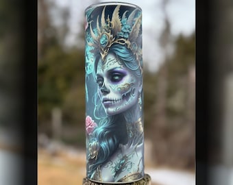 Queen of the Night Green Glow-in-the-Dark 20oz Drink Tumbler - Woman Sugar Skull Cup