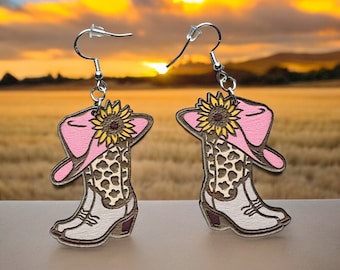 Handmade Sunflower Cowboy Boot Earrings | Western Sterling Silver