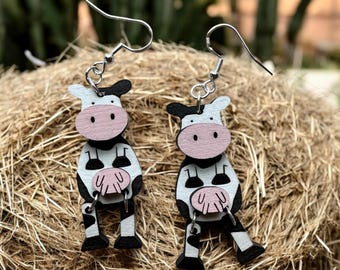 Hand Painted Holstein Cow Dangle Earrings | Sterling Silver Hardware