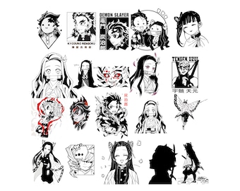 Puede incluir: Ilustraciones en blanco y negro de personajes del anime Demon Slayer. Los personajes incluyen a Tanjiro Kamado, Nezuko Kamado, Zenitsu Agatsuma, Inosuke Hashibira, Kyojuro Rengoku, Tengen Uzui y otros. Las ilustraciones están en estilo manga y presentan las armas y accesorios característicos de los personajes.