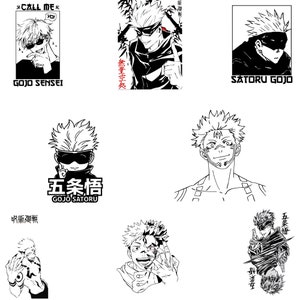 May include: Black and white illustrations of a character with white hair and a blindfold. The character is shown in different poses and expressions. The text "CALL ME" and "GOJO SENSEI" are also included in the image.
